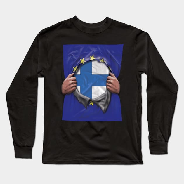 Finland Flag European Union Flag Ripped Open - Gift for Finnish From Finland Long Sleeve T-Shirt by Country Flags